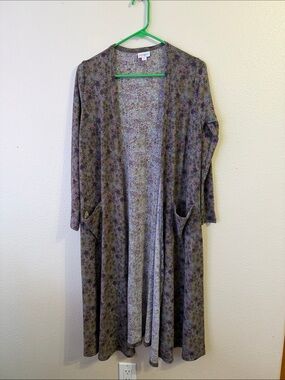 Long Open-Front Floral Cardigan Sweater - Gray & Purple